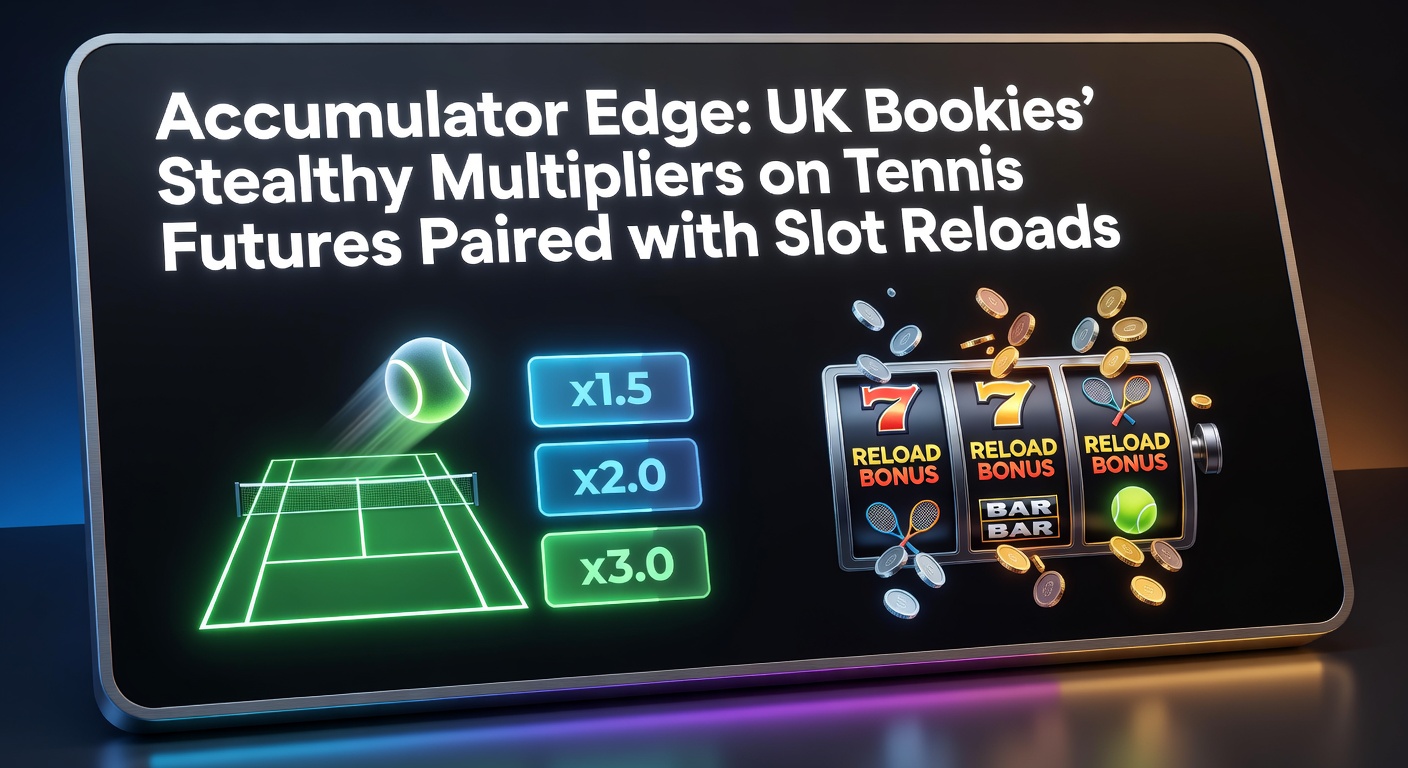 Tennis court with overlaid accumulator bet graphics showing multiplier boosts on futures markets alongside slot machine reload icons