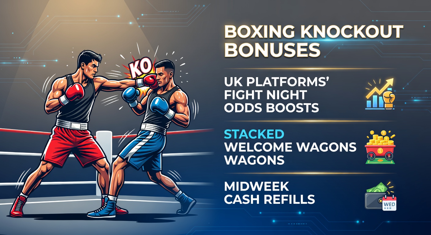 Dynamic scene of a boxer landing a knockout punch in a packed arena, with glowing betting odds boosts and bonus icons overlayed for UK fight night promotions