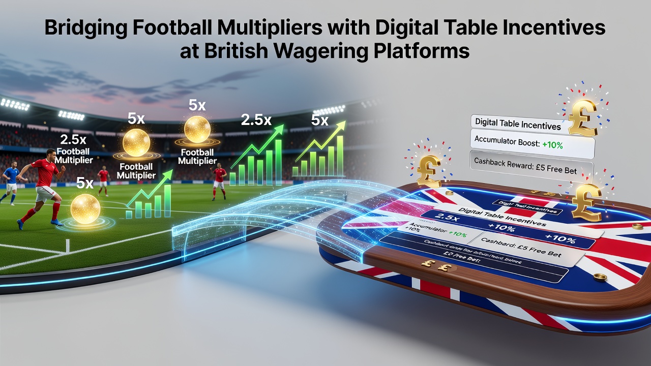 Football betting interface showing accumulator multipliers transitioning into digital casino table game promotions at a British wagering platform