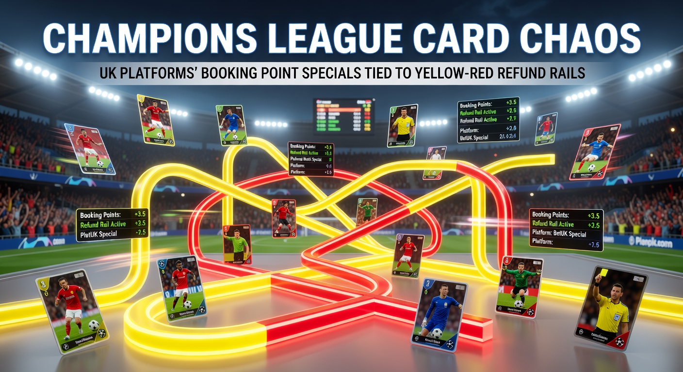 Vibrant Champions League match scene with referees issuing yellow cards amid tense player confrontations, highlighting card betting markets