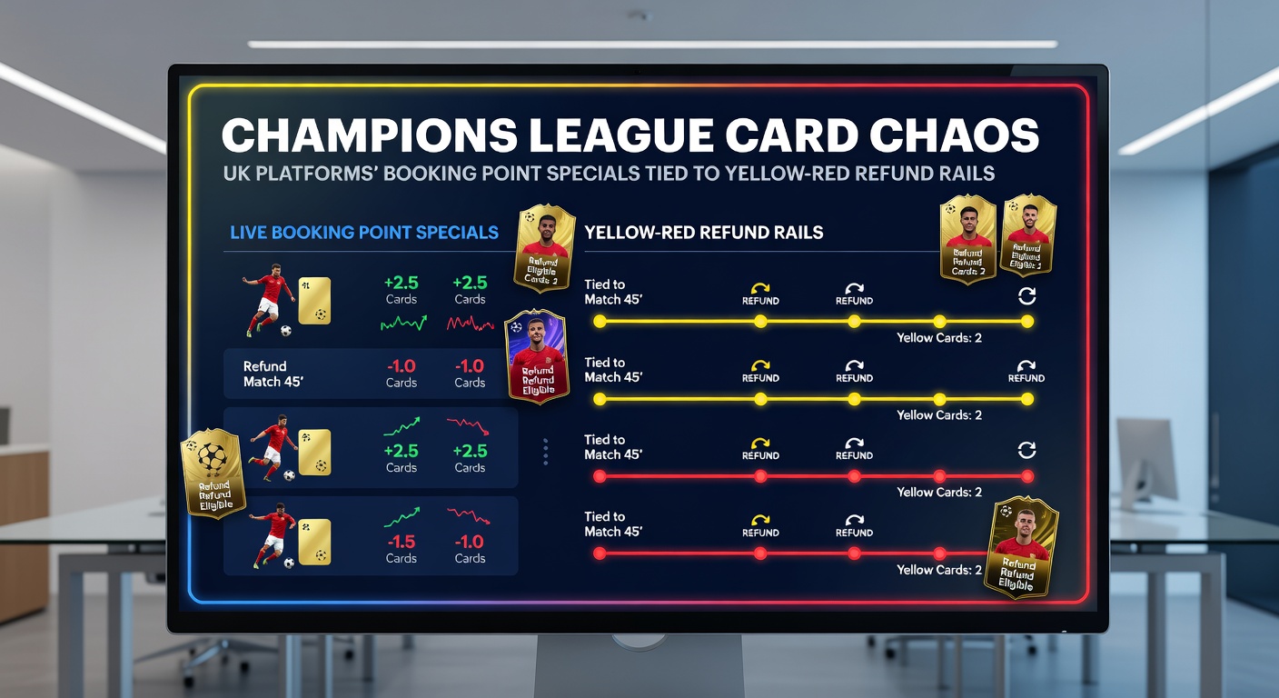 Close-up of a referee brandishing a red card after a yellow, with UEFA Champions League branding and betting odds overlays