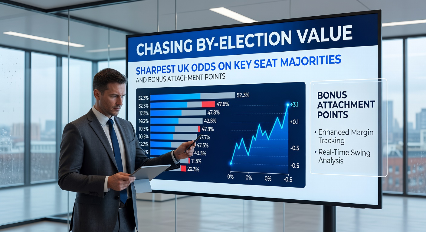 UK electoral map highlighting key by-election seats with overlaid betting odds and majority predictions