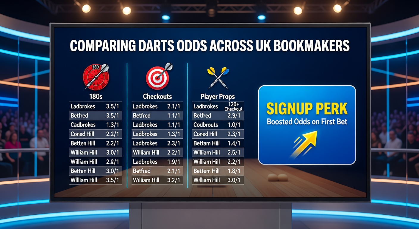 Comparison chart of darts odds across UK bookmakers for 180s and checkouts in a Premier League fixture, highlighting best prices and spreads