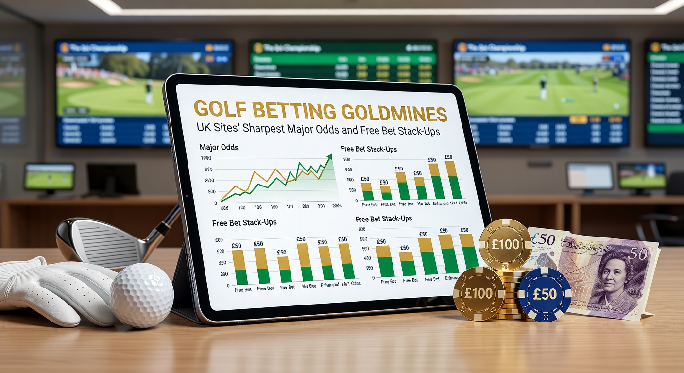 Comparison chart of UK betting sites' odds for golf majors alongside free bet icons, illustrating stack-up potential