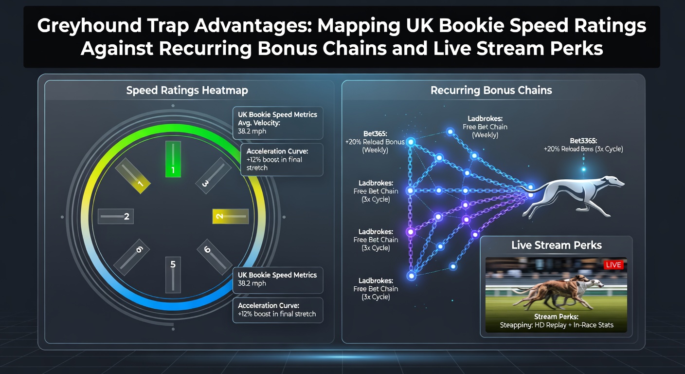 Greyhound racing track showing trap positions and speed rating overlays used by UK bookmakers