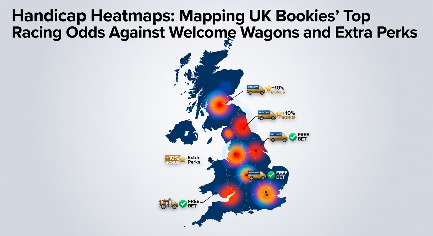 Visual heatmap displaying color-coded handicap odds across major UK bookmakers for upcoming horse races, highlighting peaks in value for punters