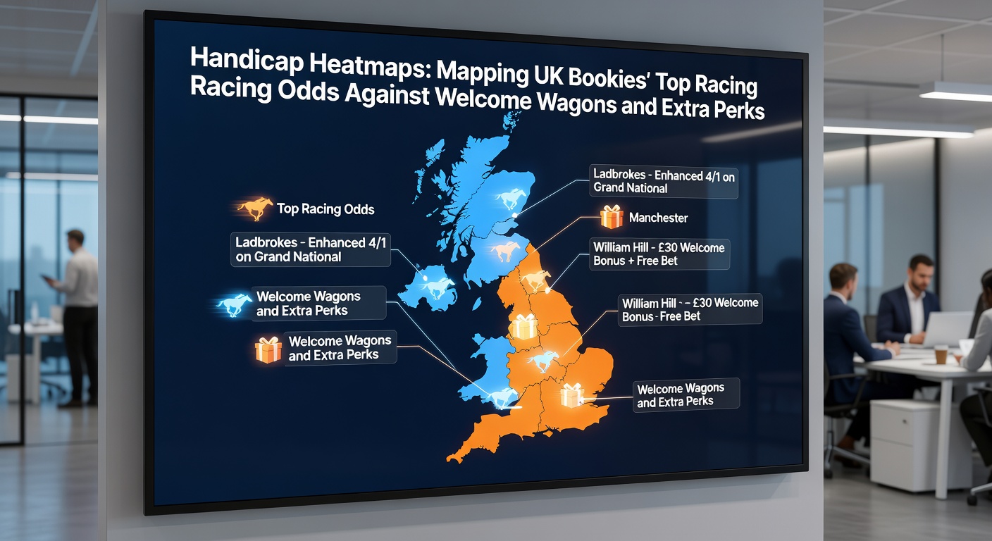 Detailed comparison chart of UK bookmakers' welcome bonuses stacked against their handicap racing odds performance, with perk icons overlayed