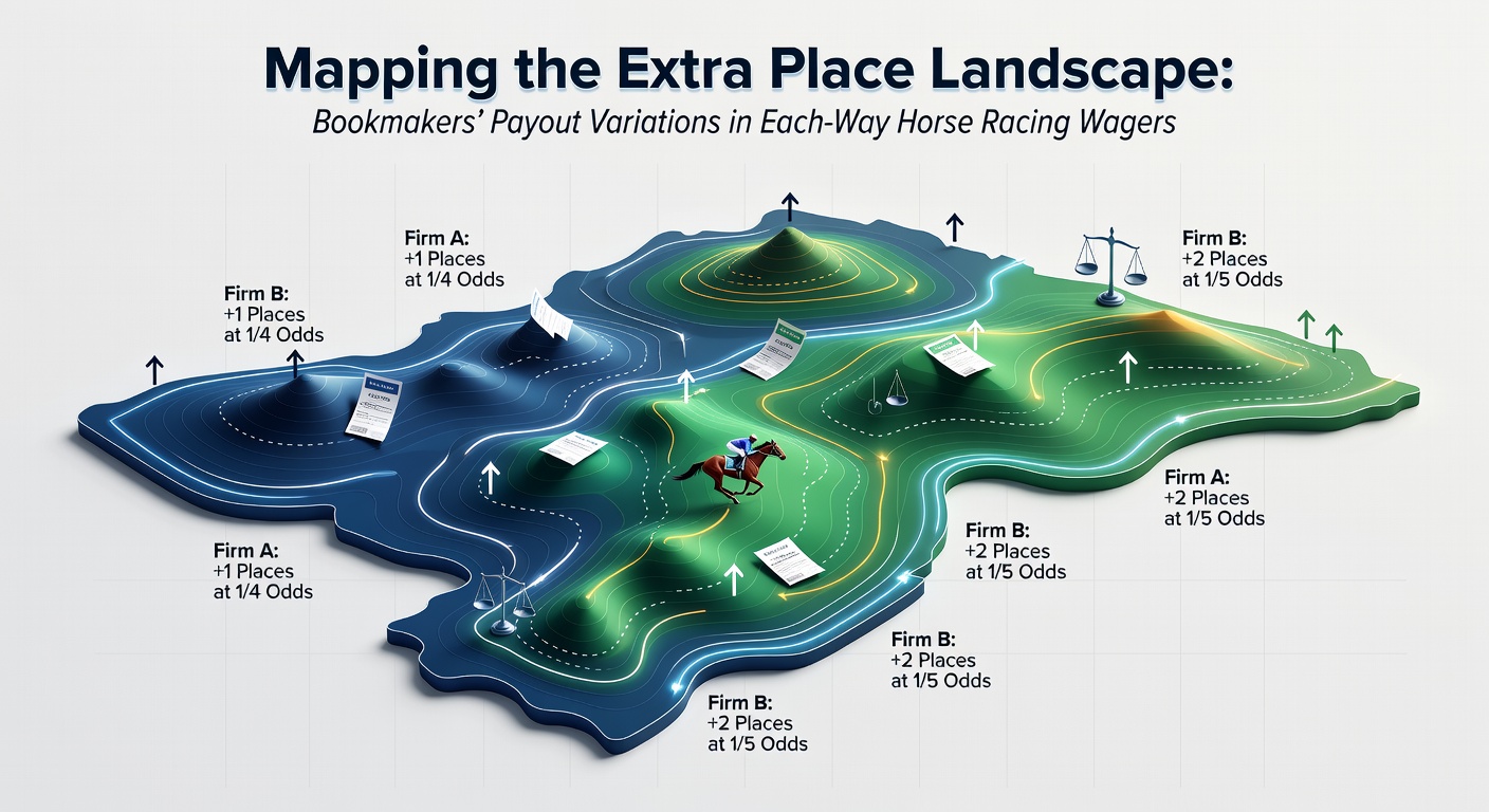 Horse racing field at a major event with punters checking each-way odds on bookmakers' apps, highlighting extra place promotions