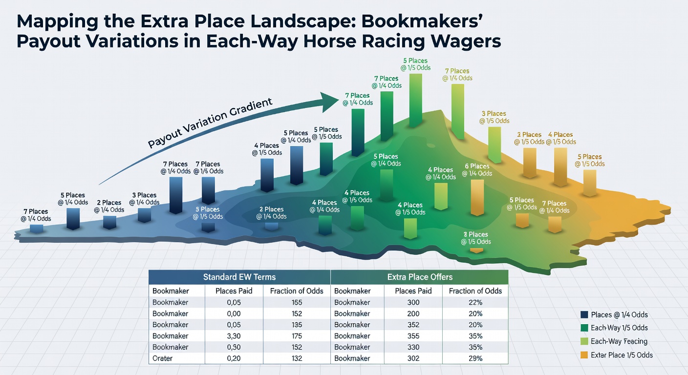 Comparison chart of bookmaker extra place offers for a hypothetical 20-runner handicap, showing payout positions from 4 to 10 places across major sites
