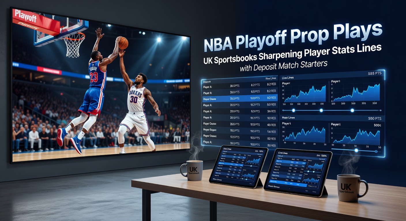 Dynamic NBA playoff scene showing players in action with overlaid prop bet lines for points, rebounds, and assists on a sportsbook interface