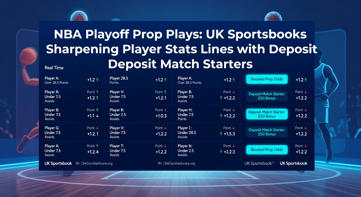 Close-up of a UK sportsbook app displaying NBA player prop lines for playoffs, highlighted deposit match bonus banner, and live odds adjustments