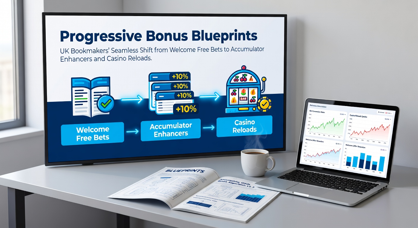 UK bookmaker app screens showing welcome free bet offers transitioning to accumulator boosts and casino reload promotions