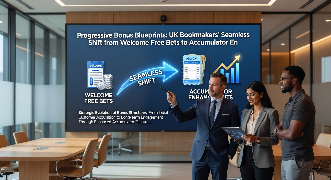 Infographic depicting a flowchart of bonus progression from welcome free bets through acca enhancers to casino reload bonuses on UK betting platforms