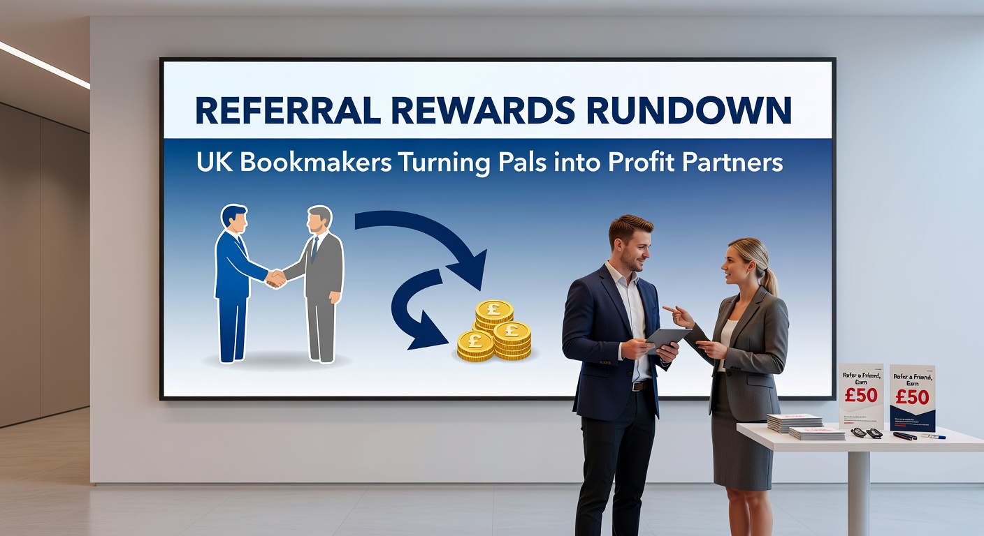 Friends sharing a mobile betting app on a sunny UK street, symbolizing referral rewards turning social connections into bookmaker bonuses