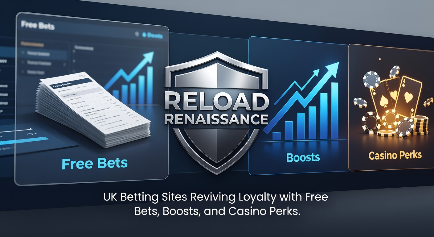 UK betting sites displaying reload bonus promotions on vibrant digital screens, highlighting free bets and casino perks for loyal players