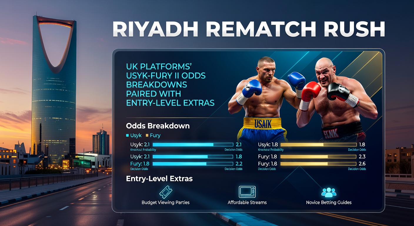 Oleksandr Usyk and Tyson Fury facing off intensely before their Riyadh rematch, with betting odds overlays highlighting UK platforms' competitive lines