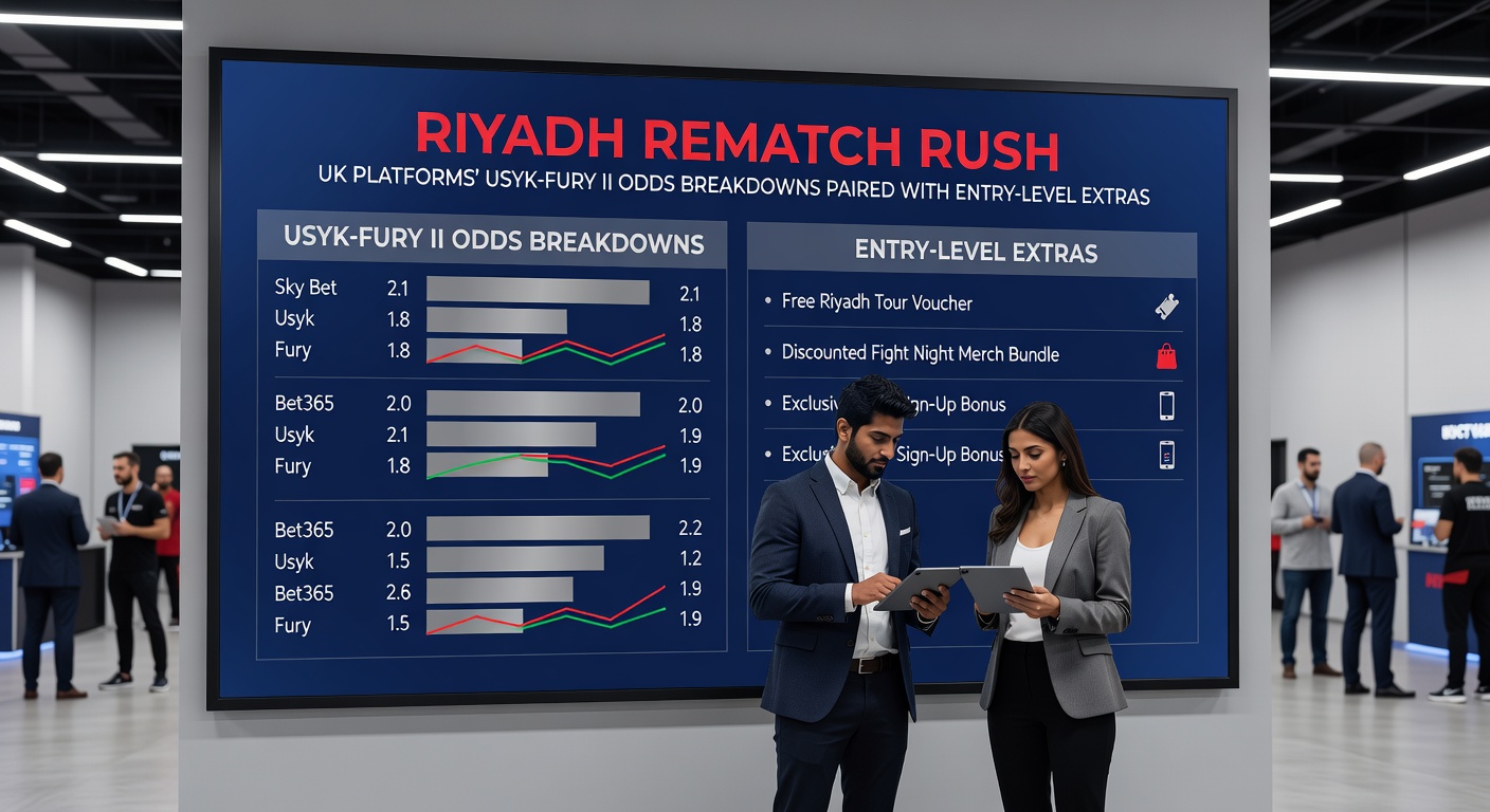 Close-up of Riyadh Arena packed with fans, overlaid with graphs comparing UK bookmakers' round betting odds for Usyk-Fury rematch