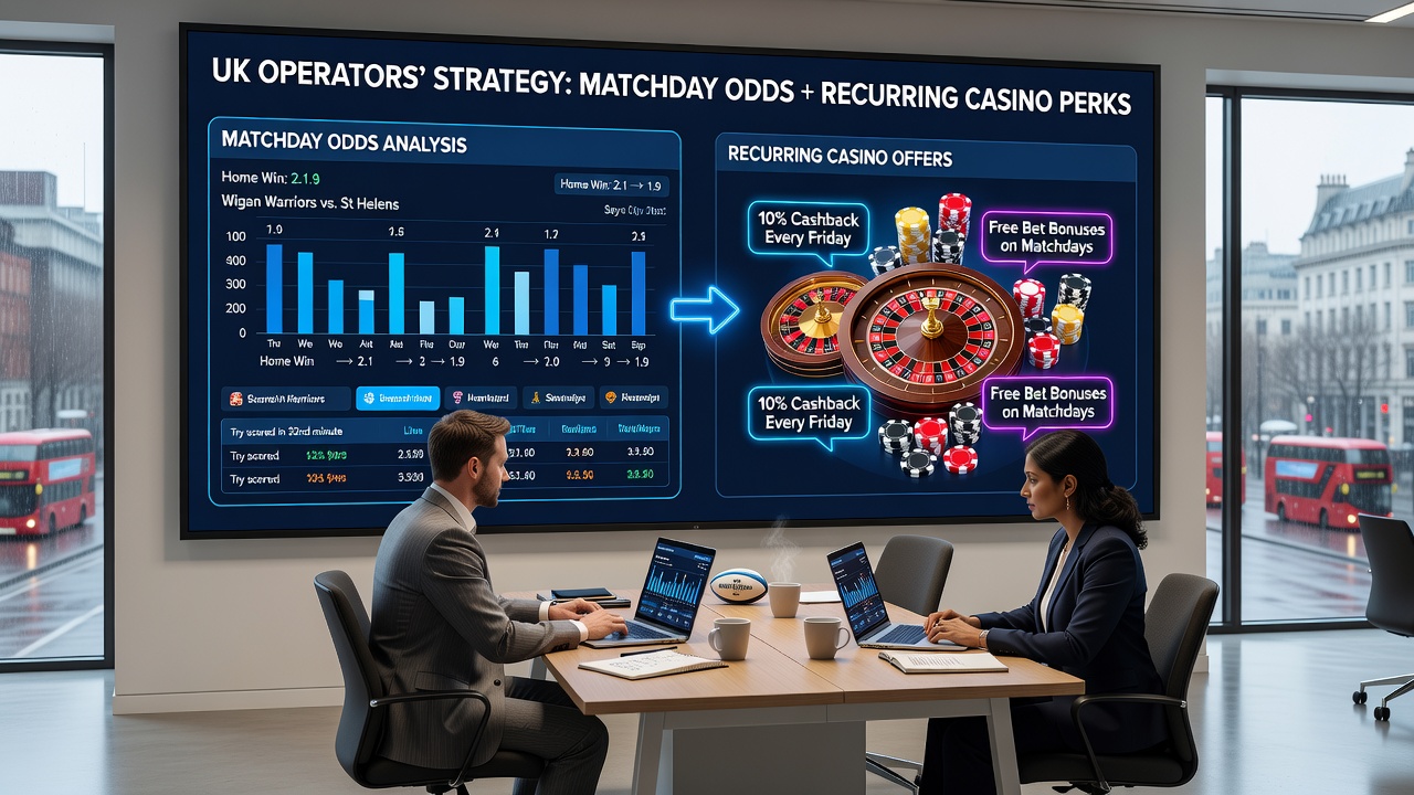 Rugby league match action with betting odds overlay and casino bonus promotions