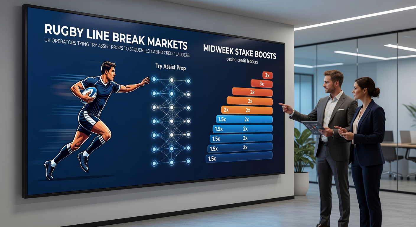 Rugby player executing a line break during a professional match with betting odds overlay graphics