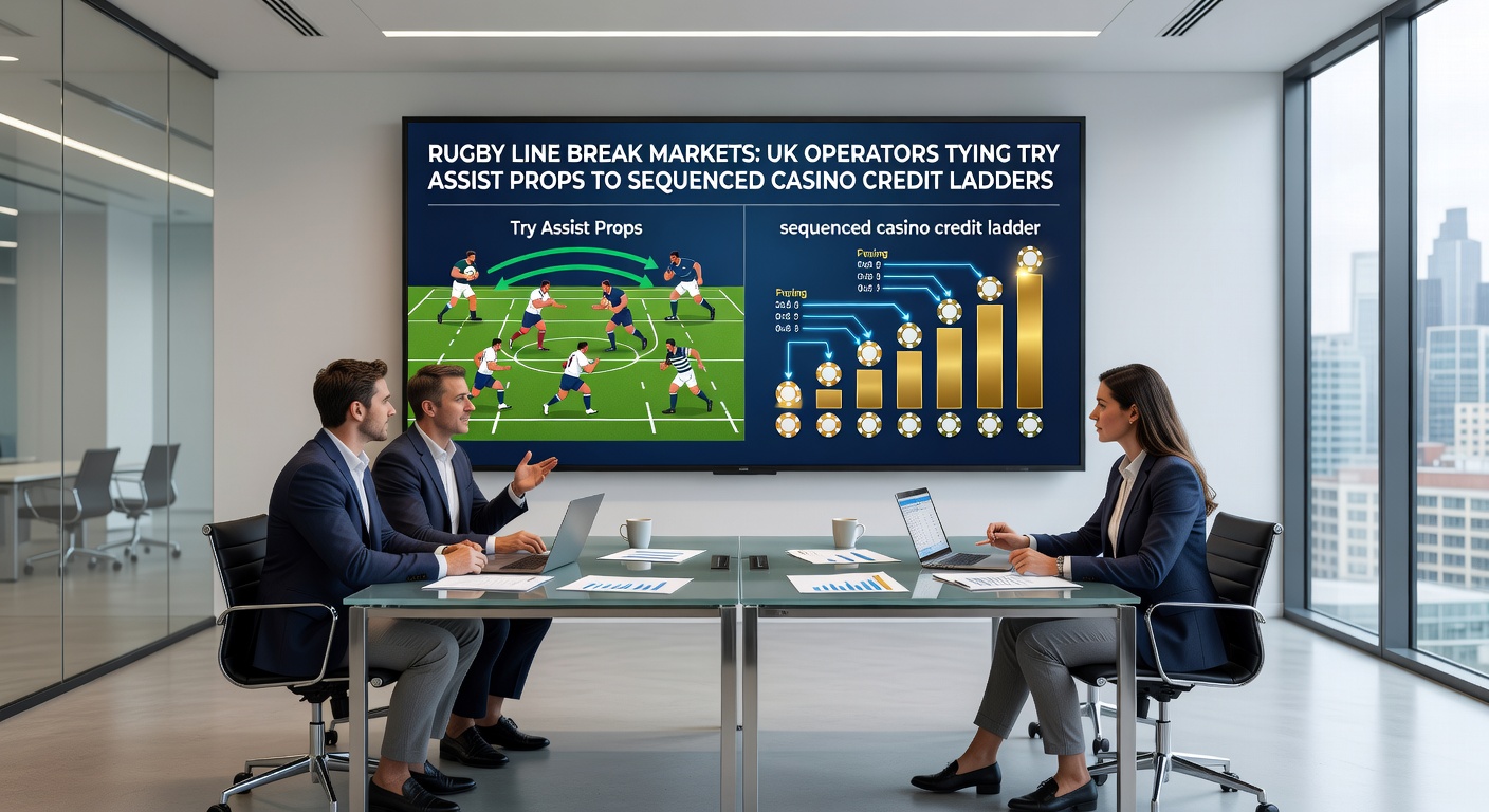 Casino credit ladder interface showing sequenced bonus tiers alongside rugby betting options on a tablet screen