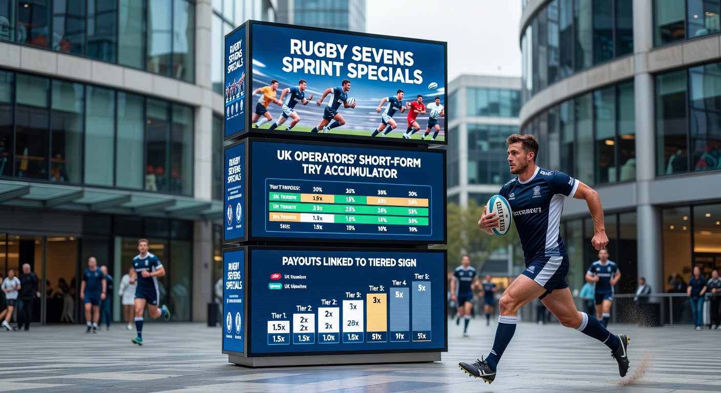 Close-up of a Rugby Sevens accumulator bet slip on a betting app, showing tiered payout boosts and signup incentive details during a live match