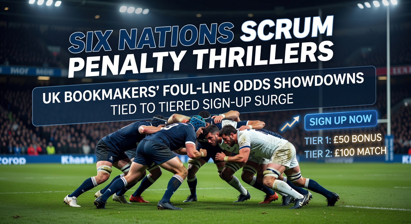 Dynamic action shot of a tense rugby scrum during Six Nations match with players locked in battle and referee poised to award a penalty