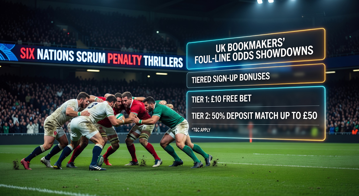 Close-up of a referee signaling a scrum penalty in Six Nations rugby, with players reacting intensely and scoreboard in background