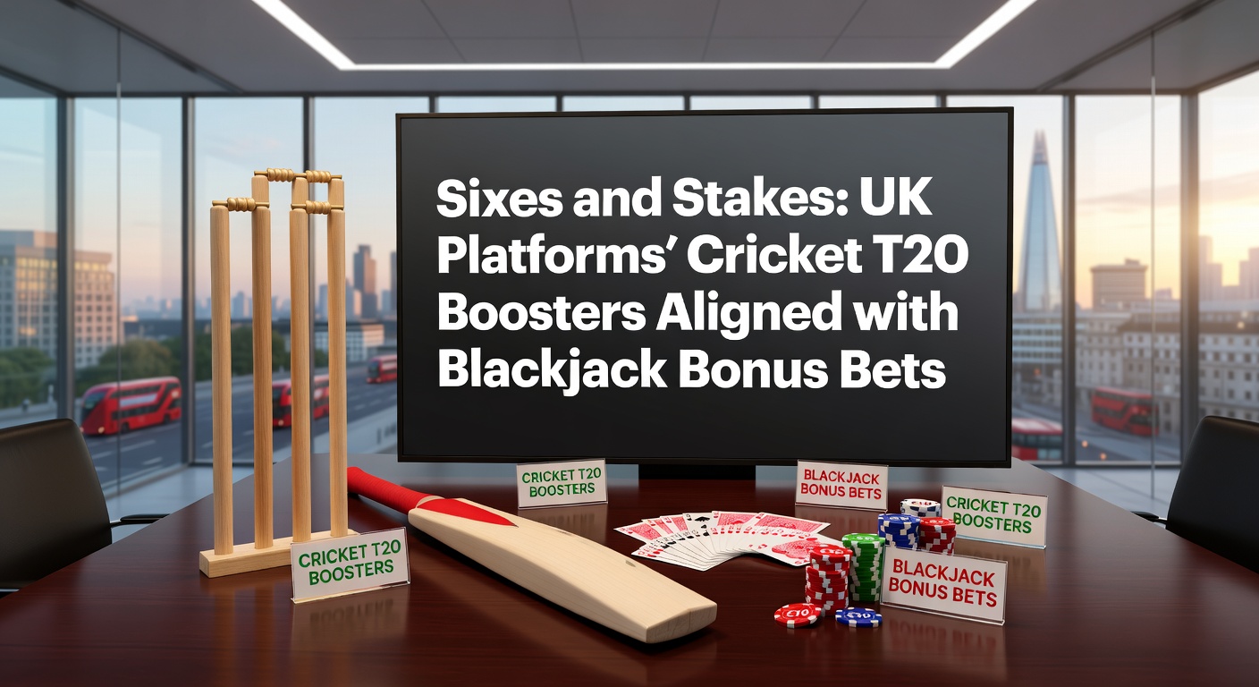 Vibrant T20 cricket match with players hitting sixes under floodlights, overlaid with betting odds screens and blackjack tables