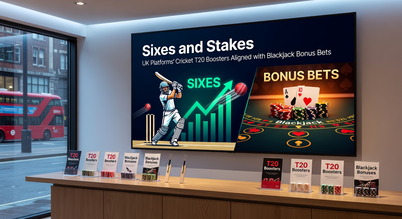 Close-up of a blackjack hand with bonus bet chips next to a cricket betting slip showing T20 odds boosts