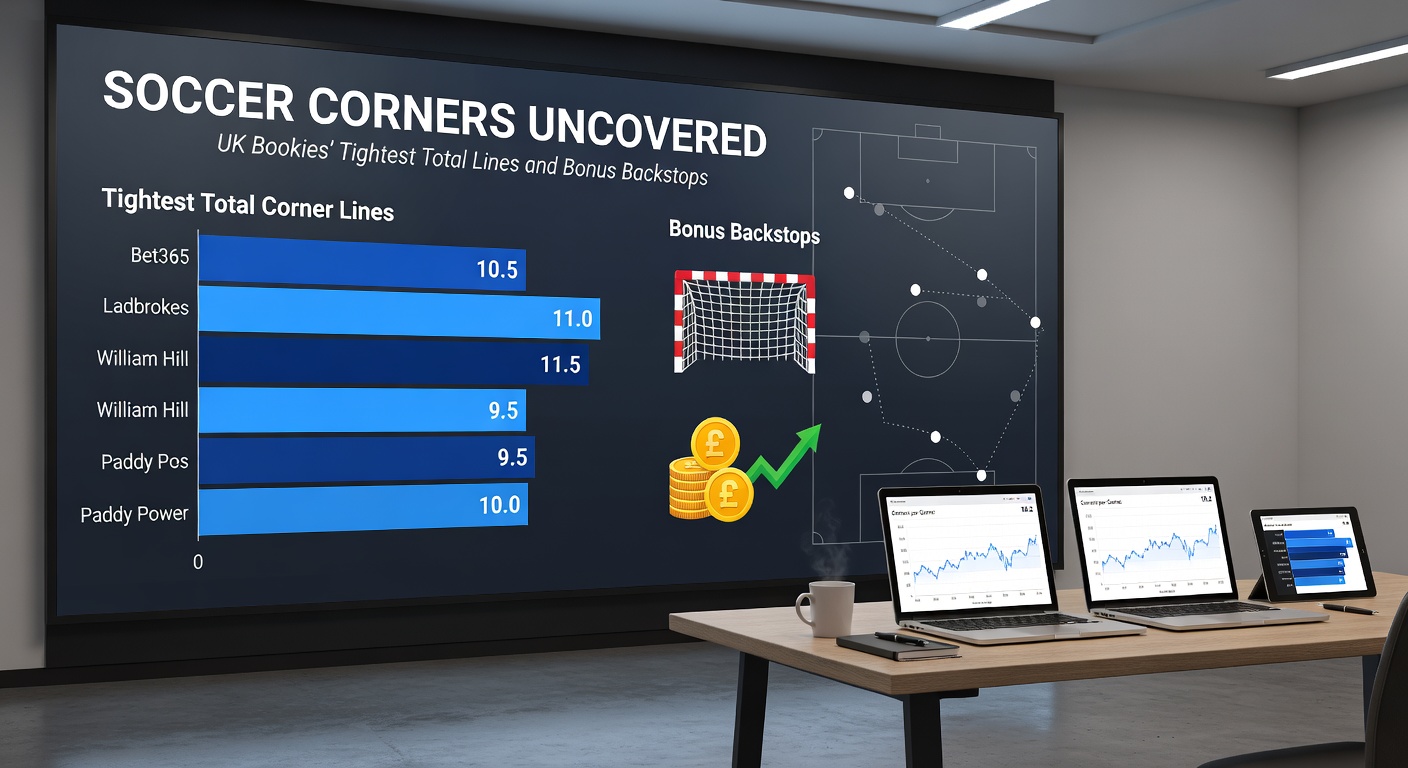 A dynamic soccer match scene showing players crowding a corner kick, wth the ball arcing towards the goal amid defensive pressure