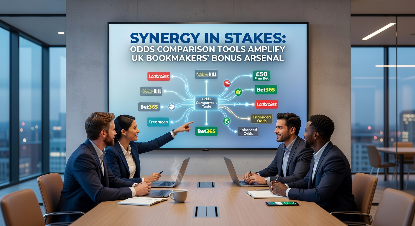 Infographic illustrating how odds comparison tools integrate UK bookmaker bonuses to boost effective payout percentages across sports markets