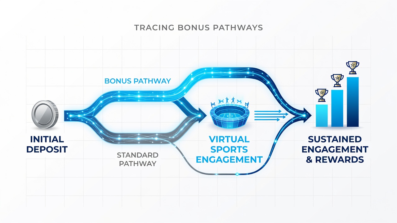 Flowchart illustrating how initial deposits convert into bonus credits and flow into virtual sports wagering platforms