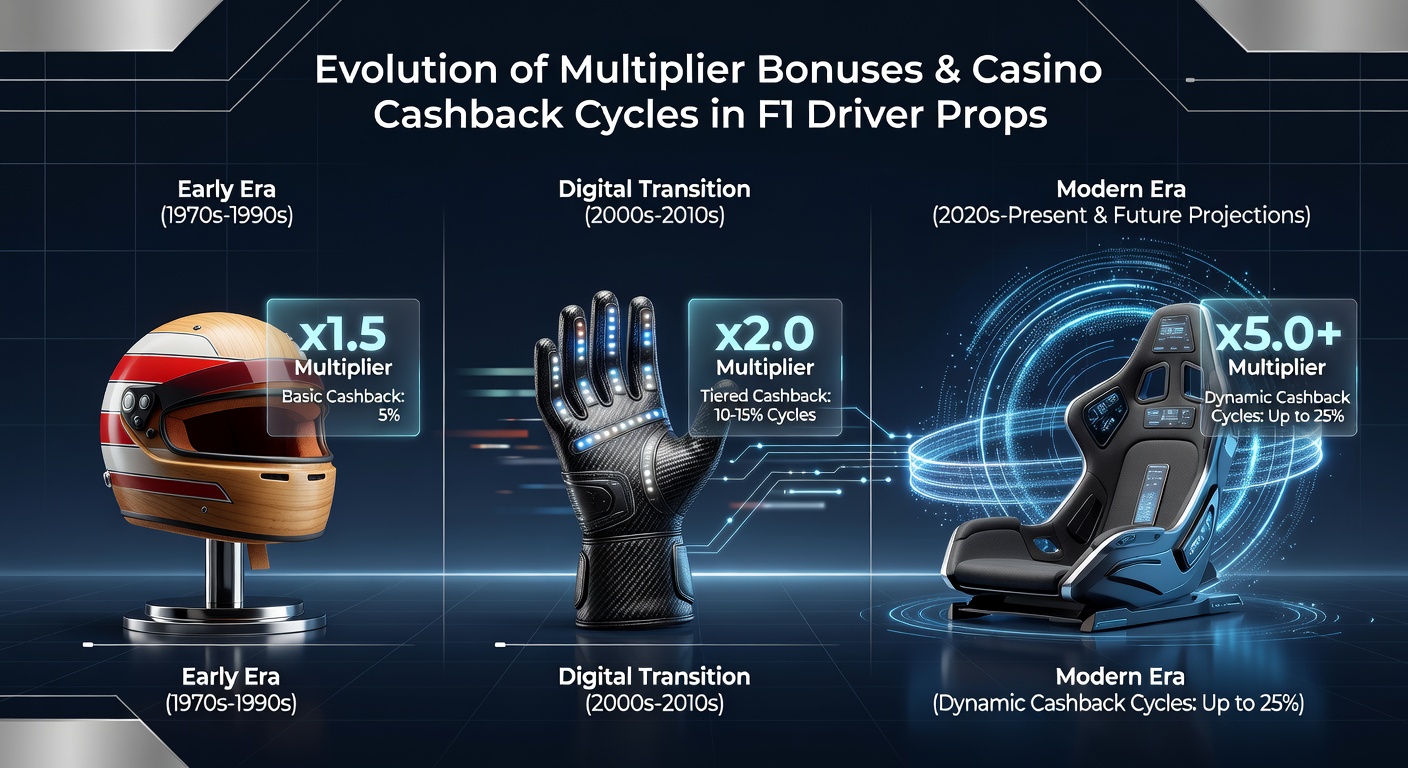 Timeline infographic showing the progression of Formula One driver prop multipliers and casino cashback integrations from 2010 through 2026