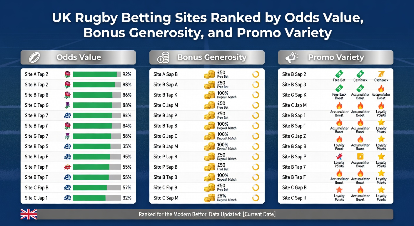 Close-up of a rugby betting interface on a UK site, displaying live odds, bonuses, and promo banners for upcoming matches