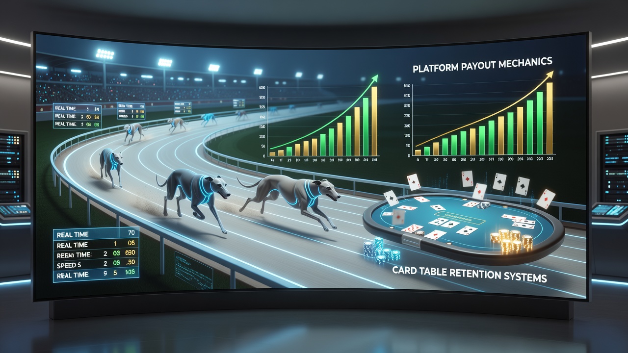 Virtual greyhound racing simulation interface showing real-time payout calculations and player engagement metrics