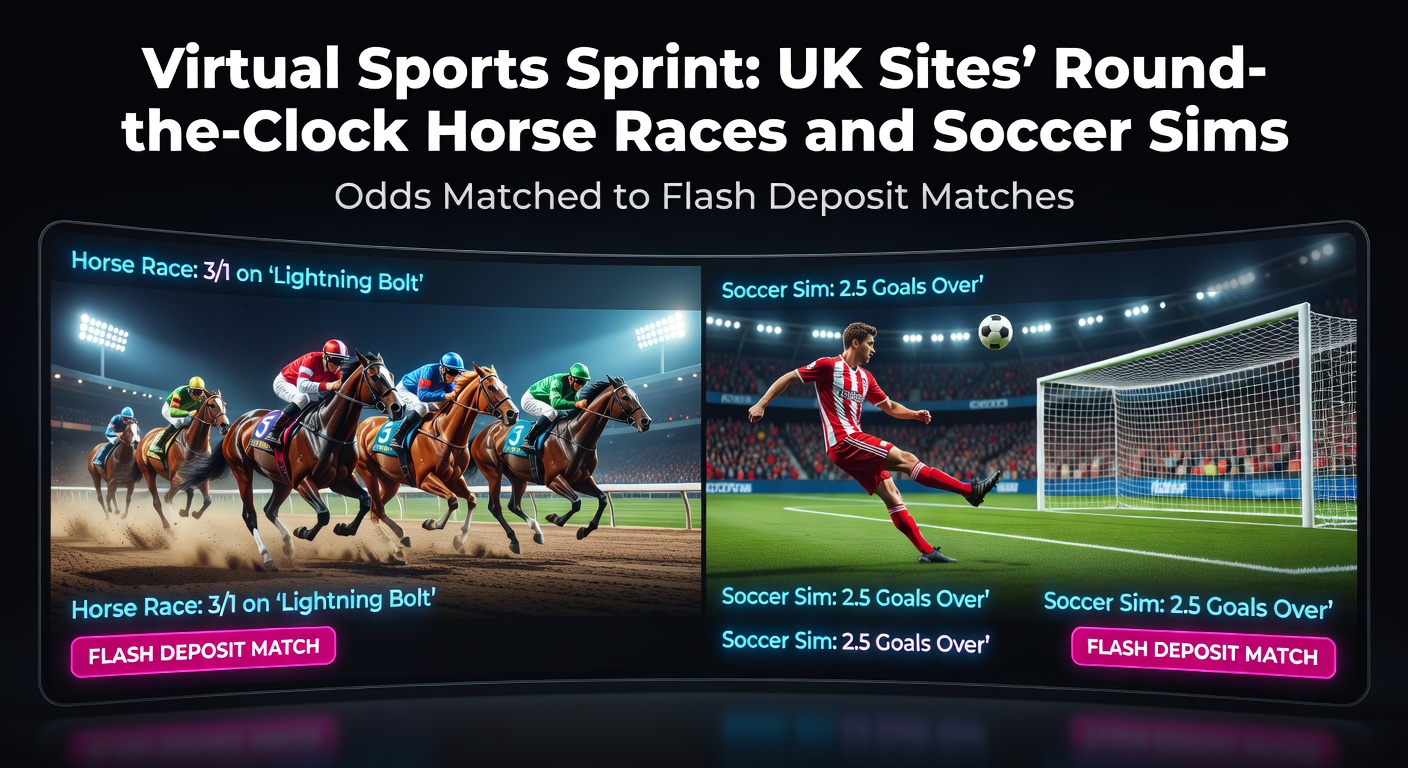 Digital simulation of a virtual horse race with horses sprinting on a track under stadium lights, highlighting the non-stop action available on UK betting platforms